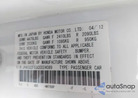 2012 Acura Tsx 2.4 from USA, damaged, VIN JH4CU2F63CC024089